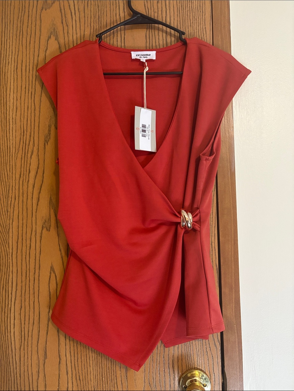 eesome Red Sleeveless Wrap Top with Gold-Tone Ring